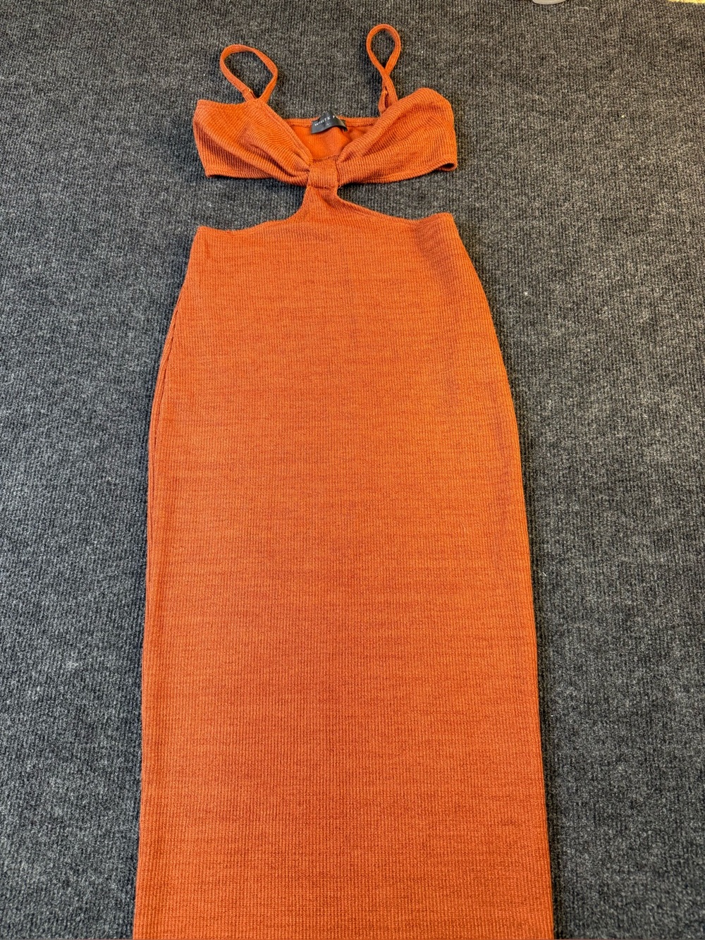 White Fox Cutout Knit Maxi Dress in Rust Orange color way small